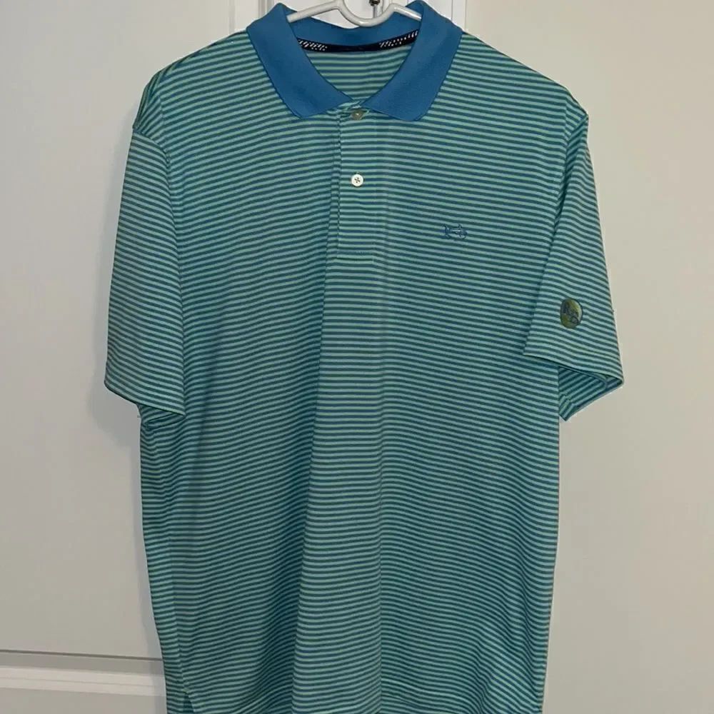Performance Southern Tide Skipjack Tuna Golf Polo Shirt L Blue Green Stripe RB